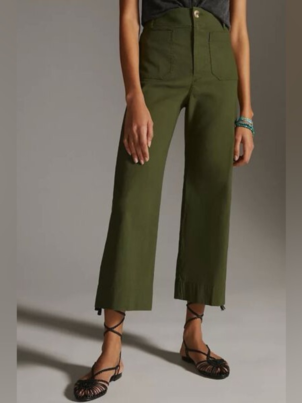 Anthropologie | Maeve Colette Twill Crop Wide-Leg Pants Olive Green 31P Linen